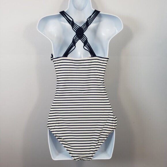 Kona Sol Shirred Macrame One Piece Swimsuit Navy/White Stripe Size Medium /B12 - Picture 5 of 8